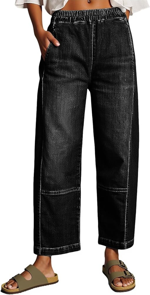 Cicy Bell Womens Baggy Cropped Jeans Elastic High Waisted Wide Leg Trendy Stretchy Seam Barrel Ca... | Amazon (US)