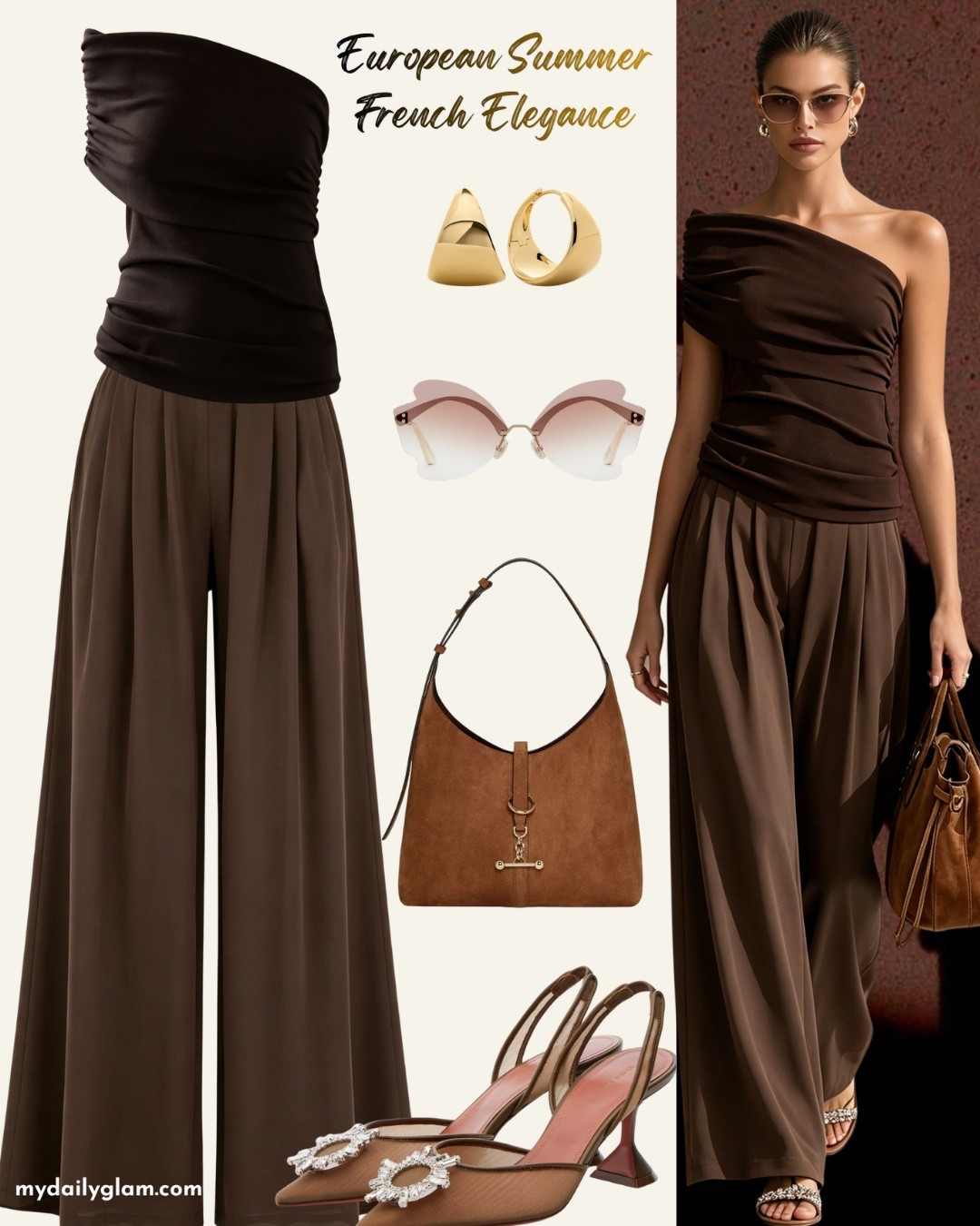 French Elegance European Summer Outfit #FrenchElegance #EuropeanSummerStyle #BrownMonochromeOutfit #OffShoulderTopStyle #WideLegPantsOutfit

#LTKootd #LTKOver40