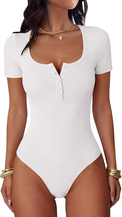 Bodysuits for Women short sleeve Tops Henley Scoop Neck Slim Fit Ribbed Knit Soft Basic Shirts 20... | Amazon (US)