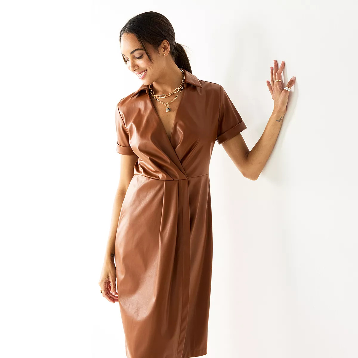 Petite Nine West Faux-Leather Midi Dress | Kohl's