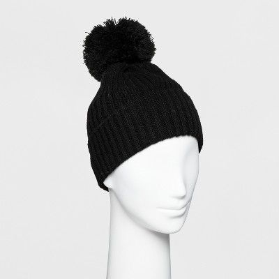Women's Ribbed Cuff Pom Beanie - A New Day™ Black | Target