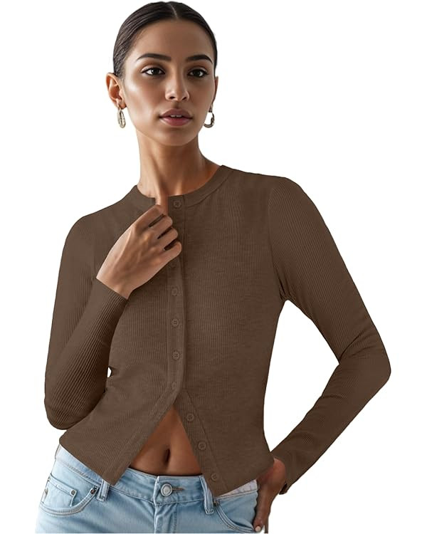 Ribbed Button Down Cardigan for Women, Long Sleeve Button Up Fall Knit Going Out Cropped Tops | Amazon (US)