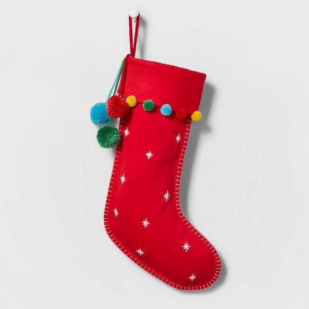 Felt Snowflake Christmas Stocking Red with Multicolored Pom Pom - Wondershop™ | Target