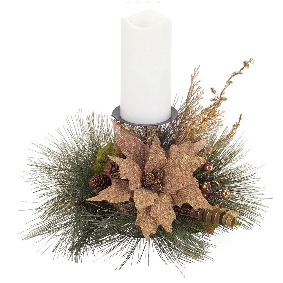 19" Green and Brown Poinsettia Pine Cone Christmas Candle Holder | Bed Bath & Beyond
