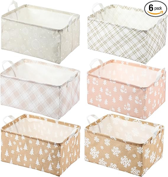 Maxdot 6 Pack Christmas Storage Baskets with Handles Large Collapsible Canvas Baskets for Holiday... | Amazon (US)