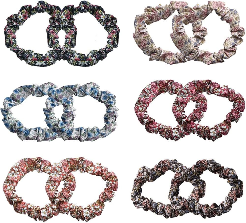 12Pcs Thin Floral Hair Ties, Soft Hair Scrunchies Elastic Hair Bands Floral Solid Ropes Ponytail ... | Amazon (US)