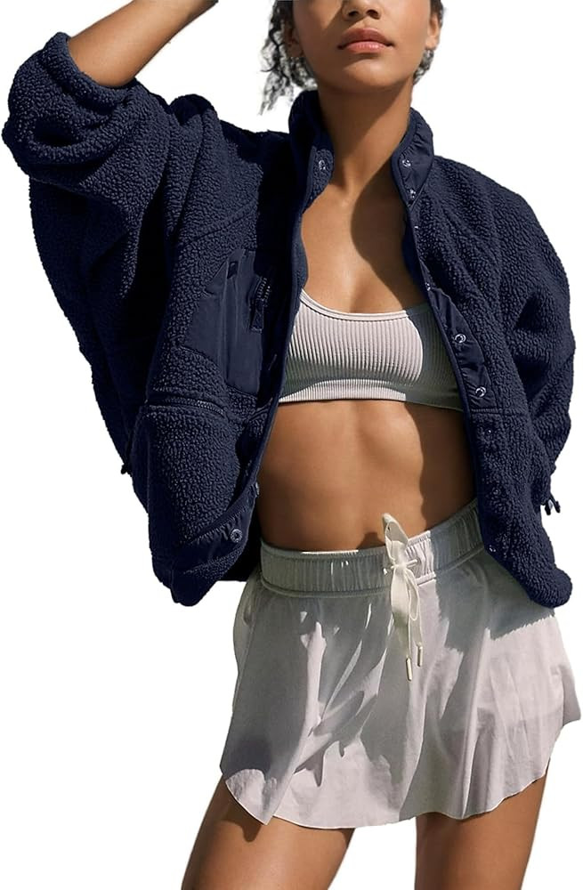 Omoone Women's Cropped Fleece Jacket Faux Fur Sherpa Coat Jackets Winter Outwear | Amazon (US)