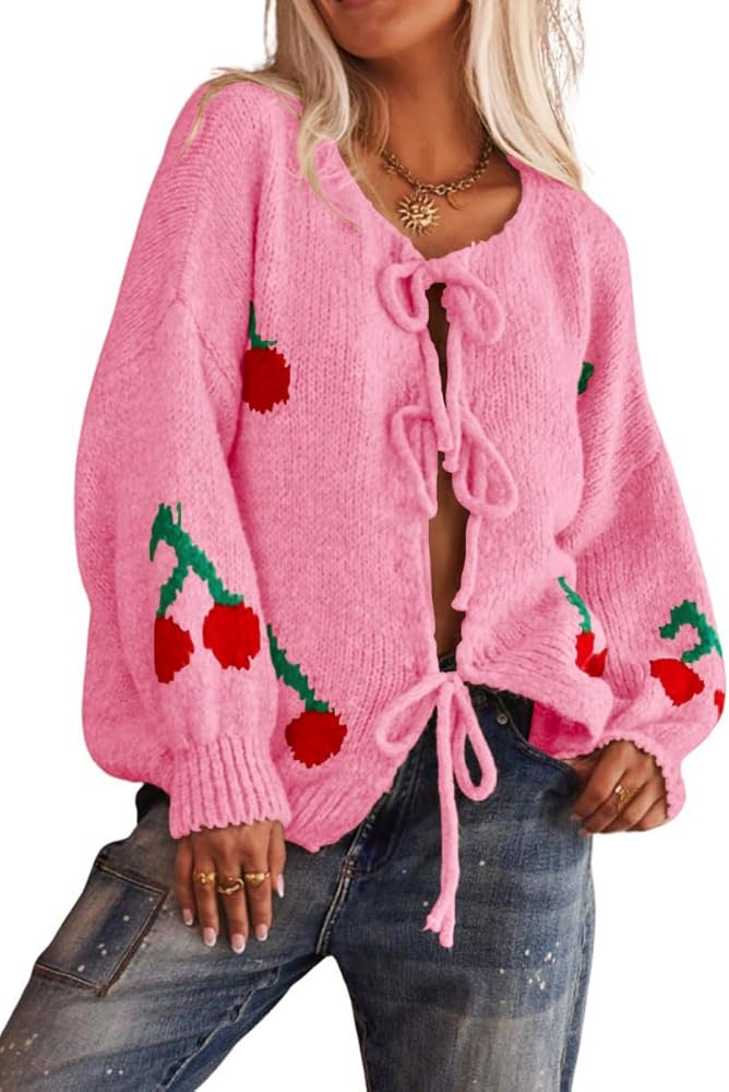 chouyatou Women's Cute Y2K Cherry Tie Knot Cardigan Casual Loose Crewneck Chunky Knit Sweater Car... | Amazon (US)