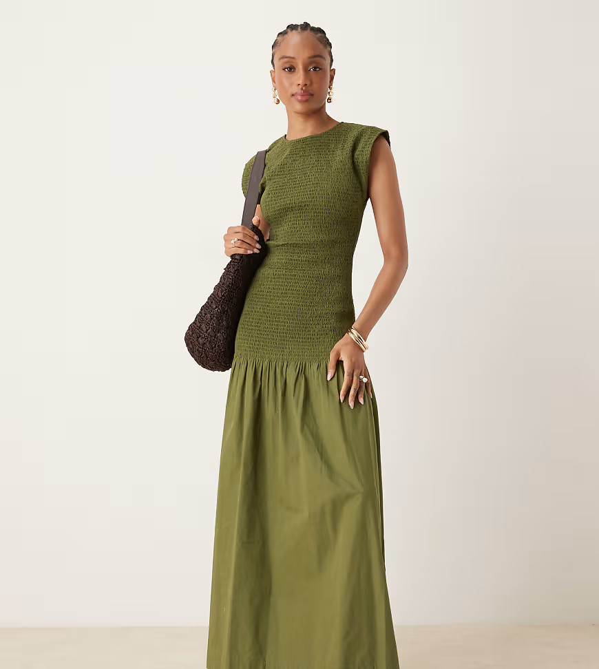 ASOS DESIGN Tall high neck shirred poplin maxi dress with dropped waist in deep olive-Green | ASOS (Global)
