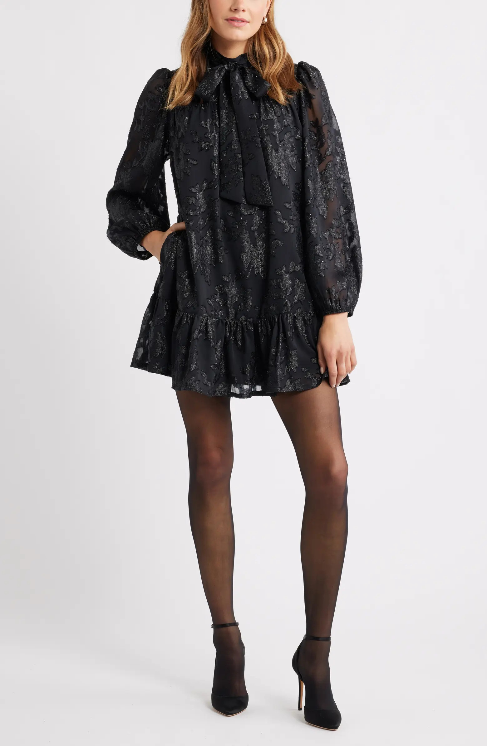 Metallic Floral Jacquard Long Sleeve Shift Minidress | Nordstrom