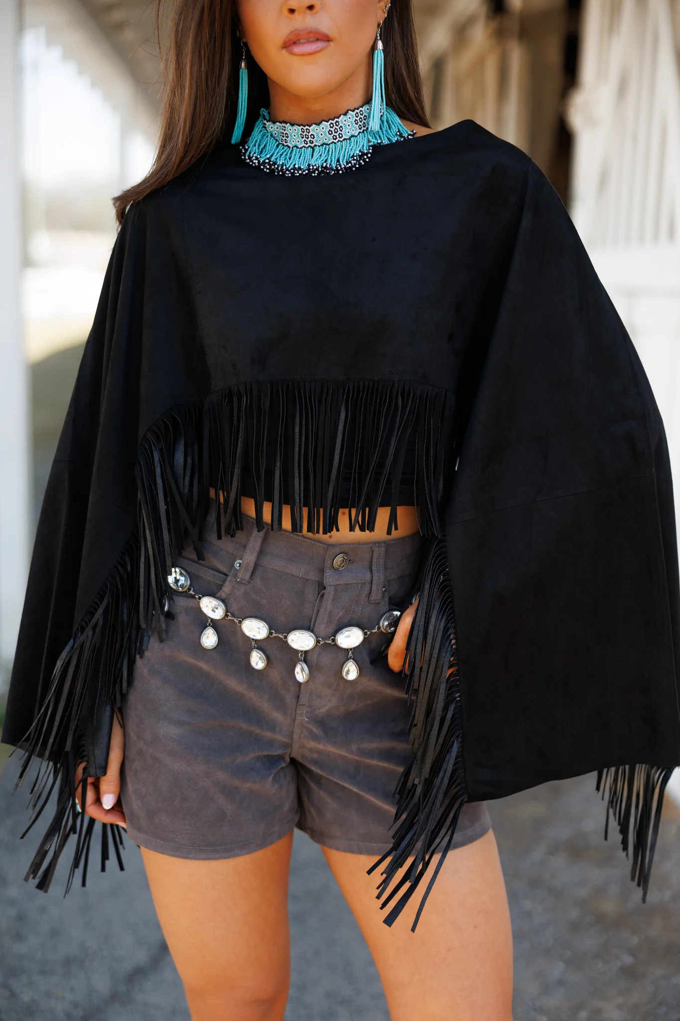 "Midnight Rodeo" Fringe Shawl in Black | Glitzy Bella