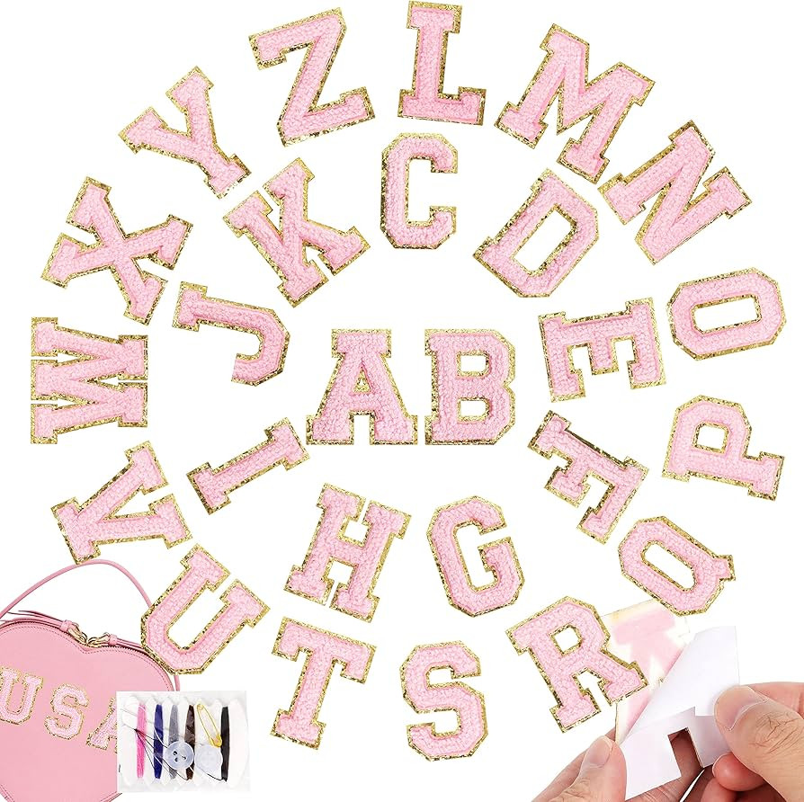 Self-Adhesive Iron on Letters Chenille Patches: 26PCS Pink Letter Patches Stickers Varsity Letter... | Amazon (US)