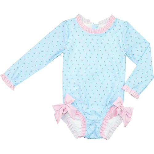 Blue And Pink Rosebud Lycra Rashguard Swimsuit - Shipping Mid April | Cecil and Lou