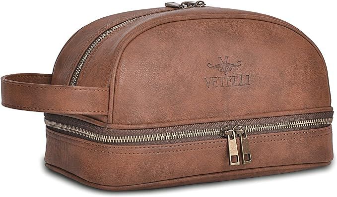 Vetell Classic Men's Leather Toiletry Bag and Dopp Kit with Upper and Lower Zippered Compartments... | Amazon (US)