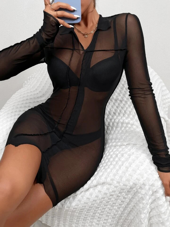 SHEIN SXY Top-stitching Split Hem Mesh Bodycon Dress Without Lingerie | SHEIN