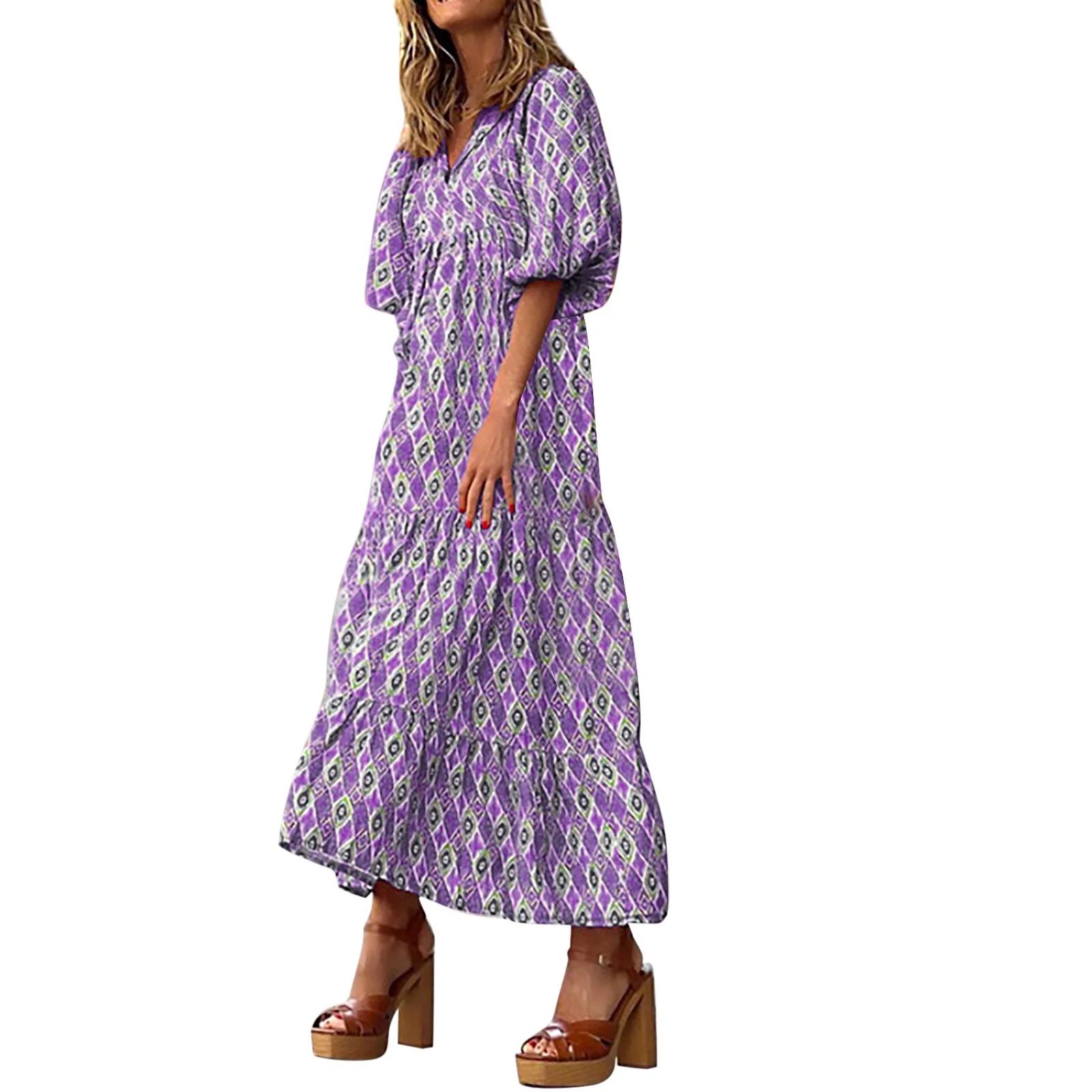 Womens Dresses Casual Loose Round Neck Bohemian Floral Dress Short Sleeve Maxi Summer Beach Swing... | Walmart (US)