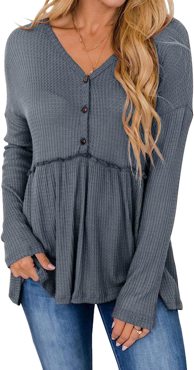 PINKMSTYLE Women's Long Sleeve V Neck Tops Button Up Ruffle Babydoll Tunic Tops Waffle Peplum Blo... | Amazon (US)