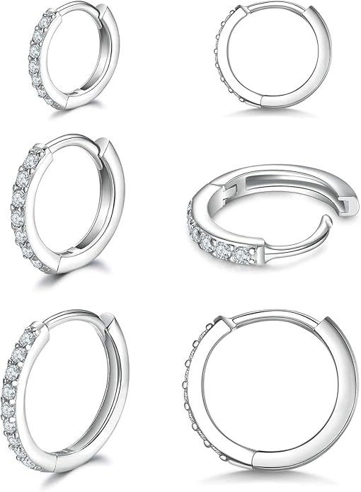 925 Sterling Silver Small Hoop Earrings Cubic Zirconia Huggie Hoop Earrings, 3 Pairs 14K White Go... | Amazon (US)