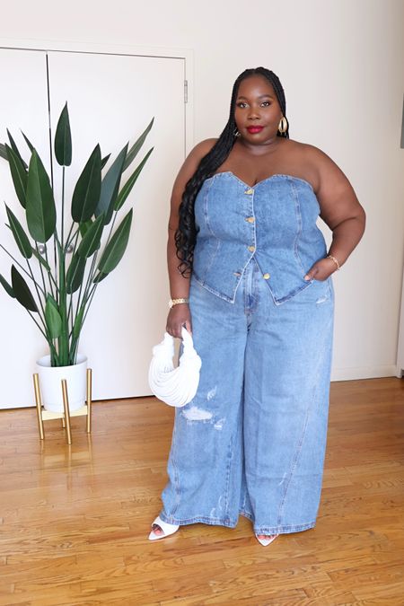 I love a Canadian tuxedo for spring. This denim corset and plus size wide leg jeans outfit combination is perfect for a daytime look. 

#LTKOver40 #LTKMidsize #LTKPlusSize