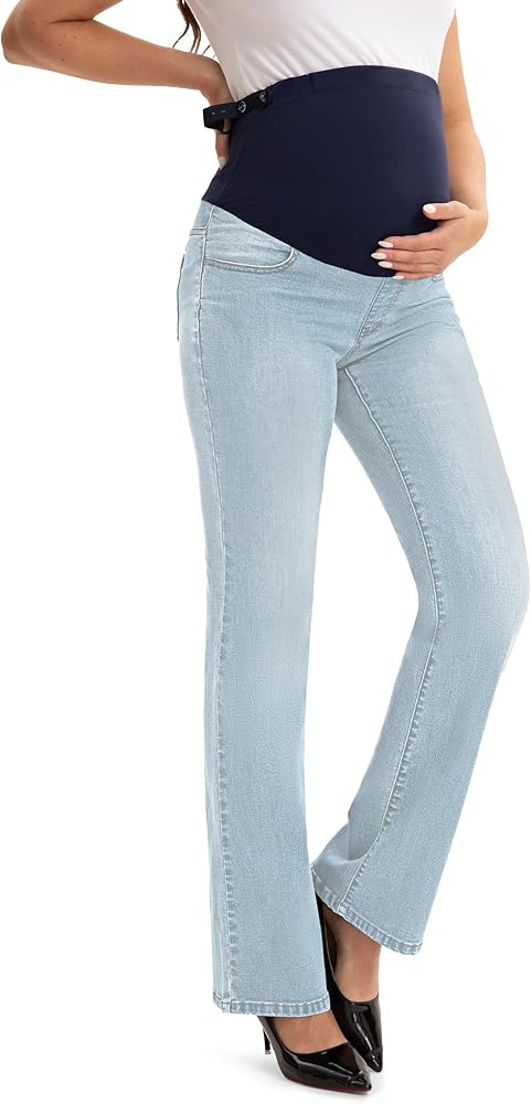 SEVEGO Women's 29"/31"/33" Maternity Bootcut Jeans Over The Belly Pregnancy Flare Stretch Denim P... | Amazon (US)