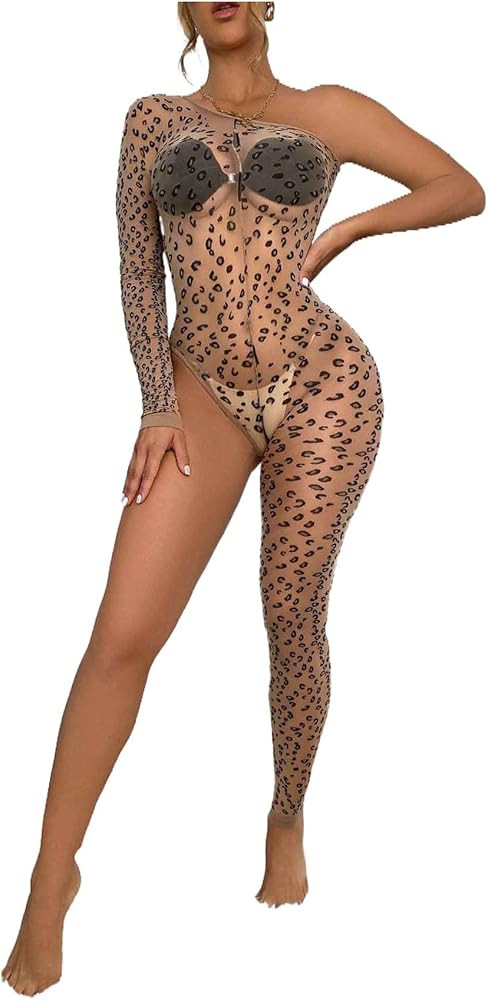 deladola Leopard Print Bodysuit See-Through One Sleeves Jumpsuit Sheer Bodycon Lingerie Stripper ... | Amazon (US)