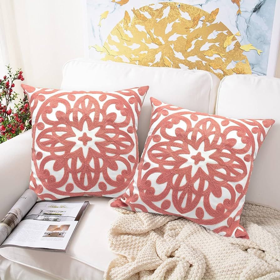 Alysheer Embroidered Decorative Throw Pillow Covers 18"x18" Set of 2 Pieces, Cozy Boho Mandala Kn... | Amazon (US)