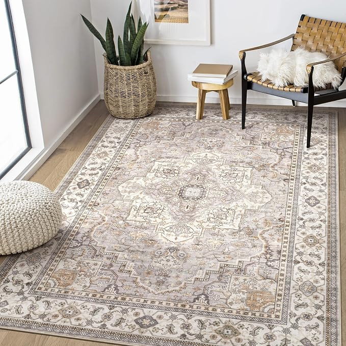 Washable Area Rugs for Living Room - 6x9 Neutral Vintage Distressed Floral Farmhouse Boho Large S... | Amazon (US)
