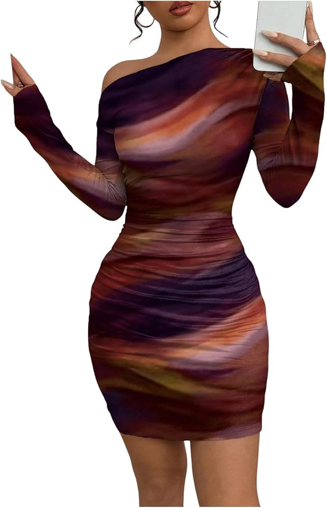 SOLY HUX Women's Sexy Off The Shoulder Bodycon Mini Dress Tie Dye Long Sleeve Ruched Asymmetrical... | Amazon (US)