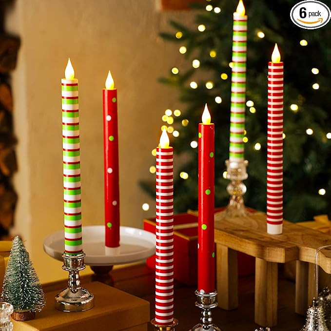 Baquler 6 Pcs Christmas Flameless Taper Candles 10.6 Inch Red Green and White Striped Dots Candle... | Amazon (US)