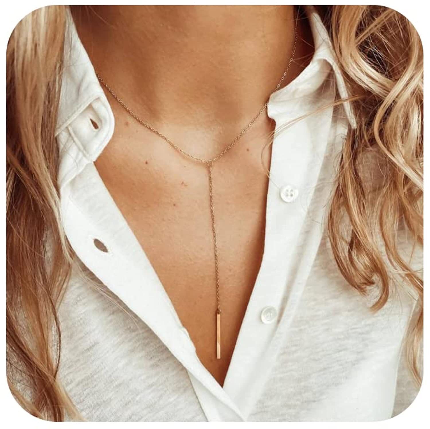 Awvialy Lariat Necklace for Women Trendy Long Gold Necklace 14k Gold Plated Bar Pearl Bead Chain ... | Amazon (US)