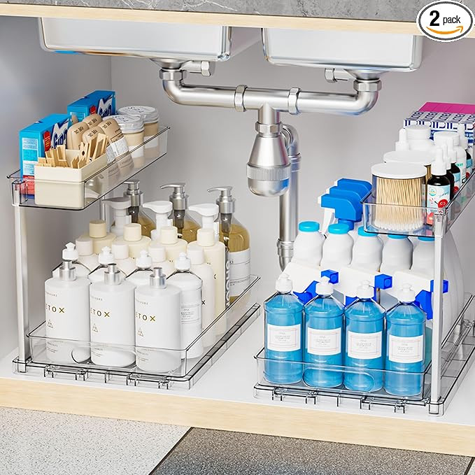 Yieach 2 Pack Kitchen Sink Organizer Under Cabinet,14.5 Inch Deep Clear Under Sink Storage Rack f... | Amazon (US)