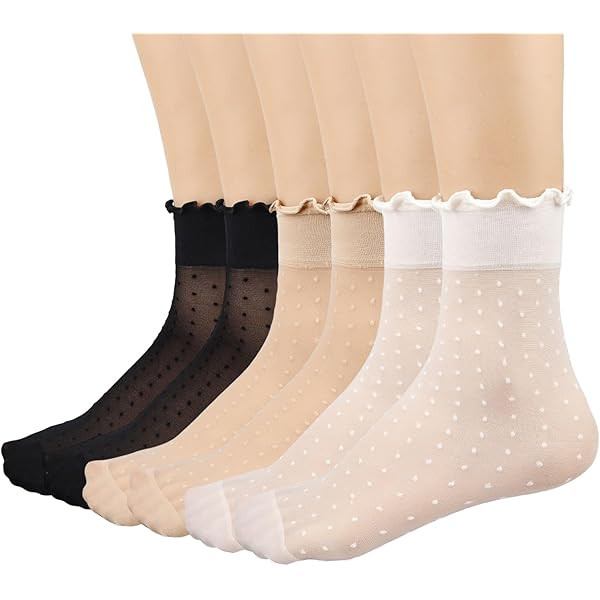 Mcool Mary 12 Pairs Women's Sheer Ruffled Socks Frilly Ankle High Nude Nylon Stocking Ultra Thin Cool Silk Socks for Women | Amazon (US)