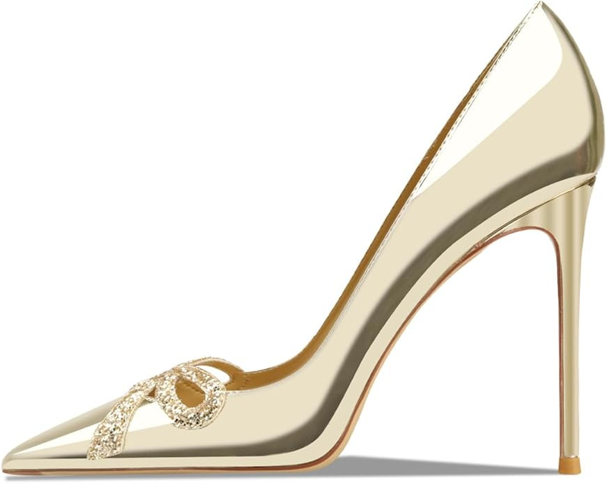 Women's Pointed Butterfly Decoration Shallow Mouth 3.9in Stiletto Sequin Big Size Pumps Banquet P... | Amazon (US)