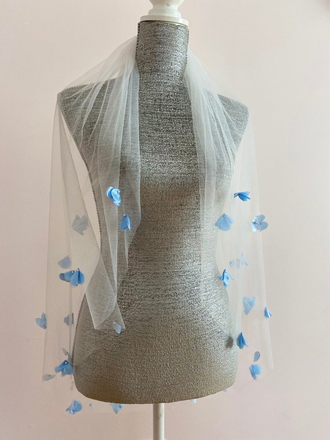 Soft Veil With Blue Flowers One Tier Veil With Blue 3D Flowers - Etsy | Etsy (US)