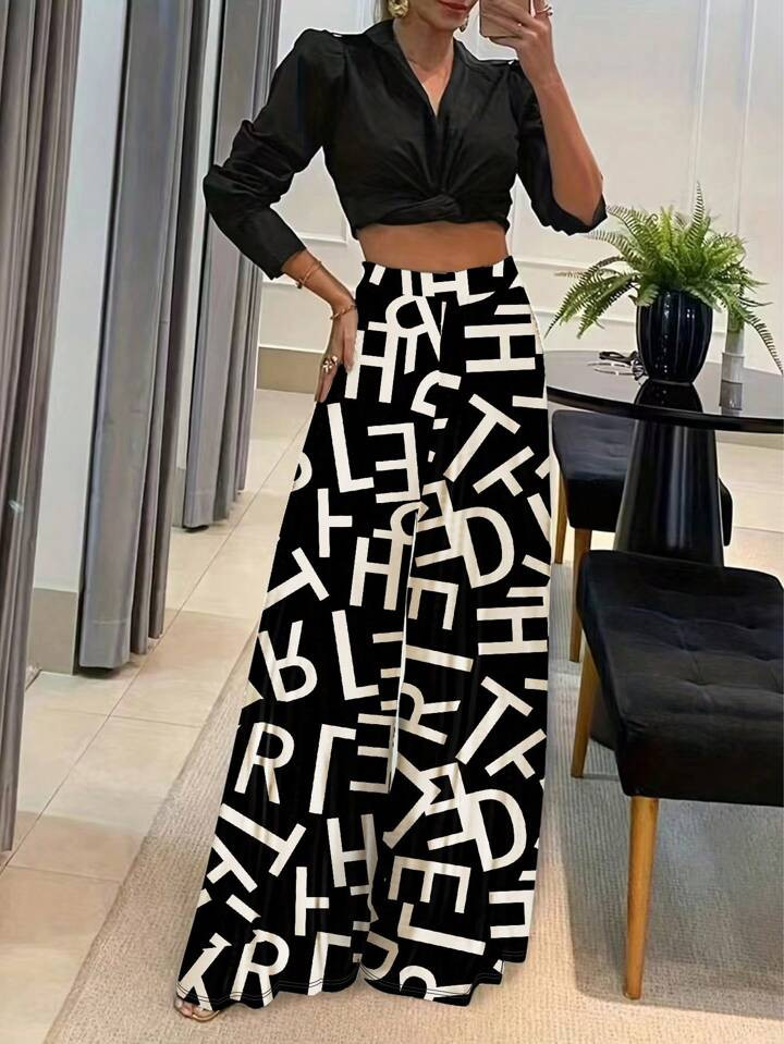 Fashionable Elegant Loose-Fit Wide Leg Pants With Letter Print | SHEIN USA | SHEIN