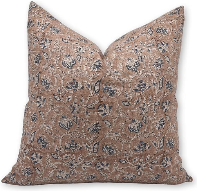 Handmade Floral Block Print Thick Linen Throw 22x22 Inch Pillowcase Cushion Cover for Sofa Couch,... | Amazon (US)
