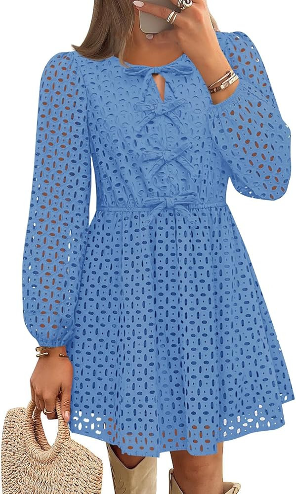 ZESICA Women's Long Sleeve Mini Dress 2026 Fall Crewneck Tie Front Hollow Out Eyelet Babydoll A L... | Amazon (US)