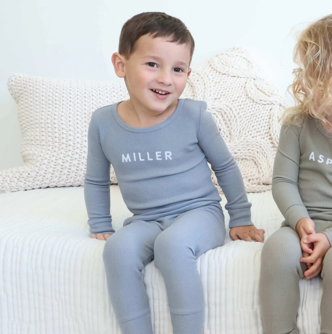 Dusty Denim Bamboo Waffle Personalized Two Piece Pajama Set | Caden Lane