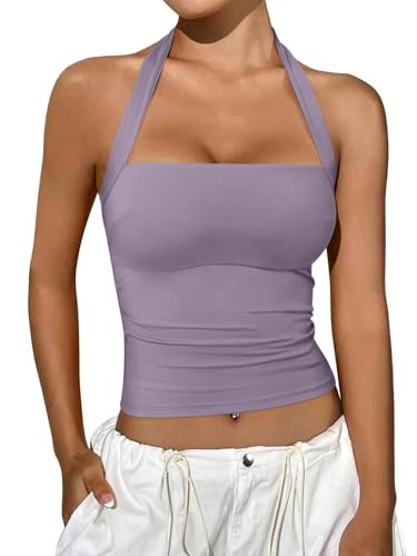 REORIA Halter Tops for Women Summer Sleeveless Going Out Outfits Y2K Trendy Cute Crop Tank Top Clothes Lavender Purple X-Large | Amazon (US)