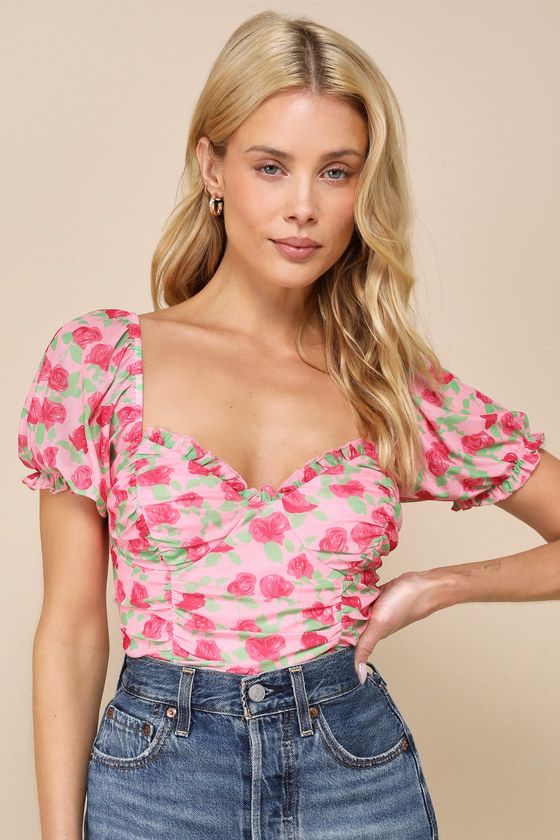 Vibrant Flirt Pink Floral Mesh Puff Sleeve Ruched Bodysuit | Lulus