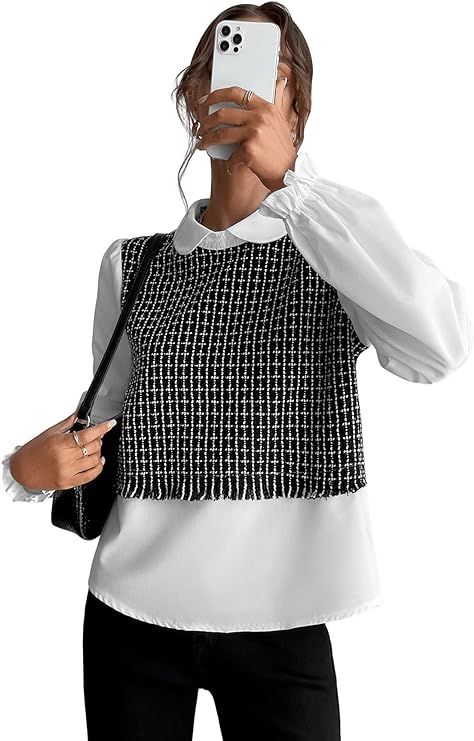 SweatyRocks Women's Collar Long Sleeve Shirt Ribbed Knit 2 in 1 Blouse Crop Top | Amazon (US)