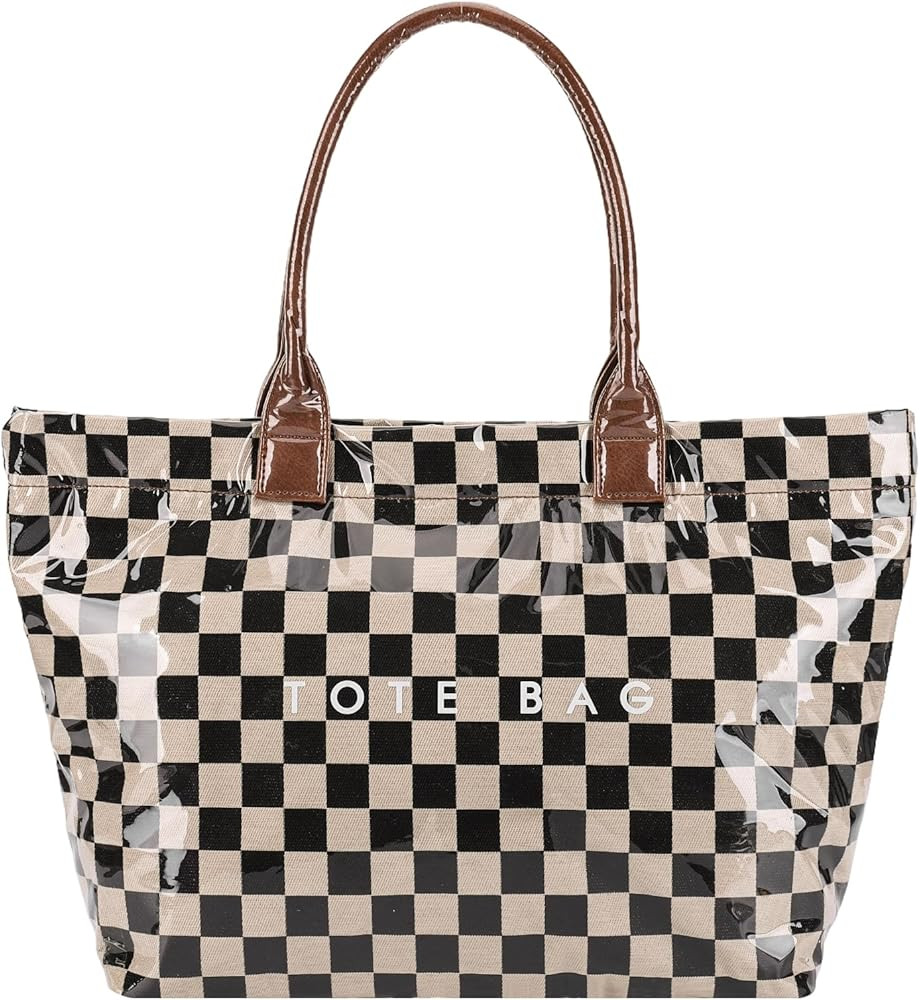 Lushandy Checkered Tote Bag Women's PVC Tote Bag with Zipper Plastic Letters Print Hobo Handbag C... | Amazon (US)