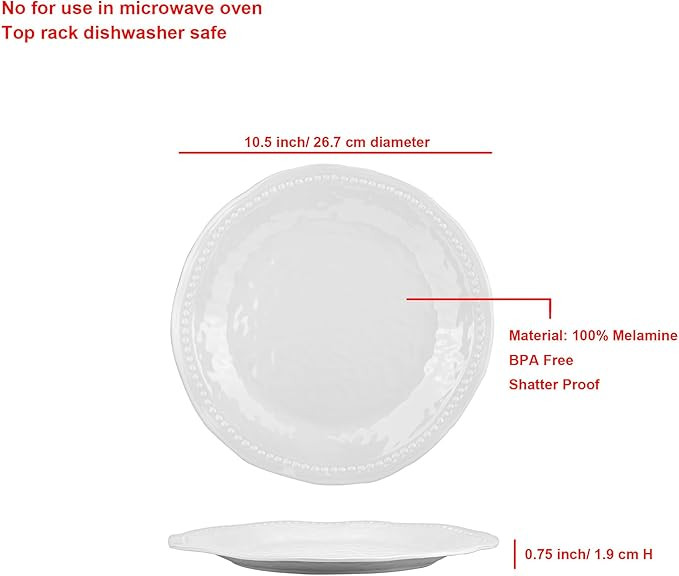 Melamine Dinner Plates, Round Plates,Shatter Resistant, 10.5 inch, set of 6, White | Amazon (US)
