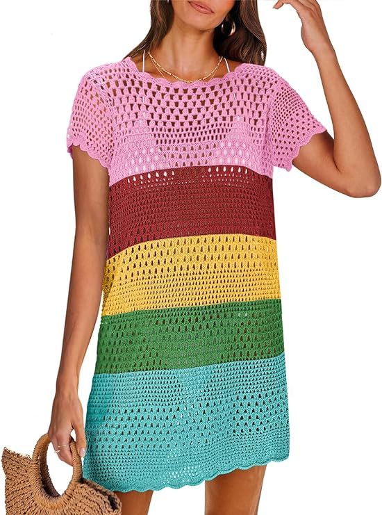ANRABESS Women Swimsuits Crochet Swim Cover Up Summer Bathing Suit Swimwear Knit Short Sleeve Pul... | Amazon (US)
