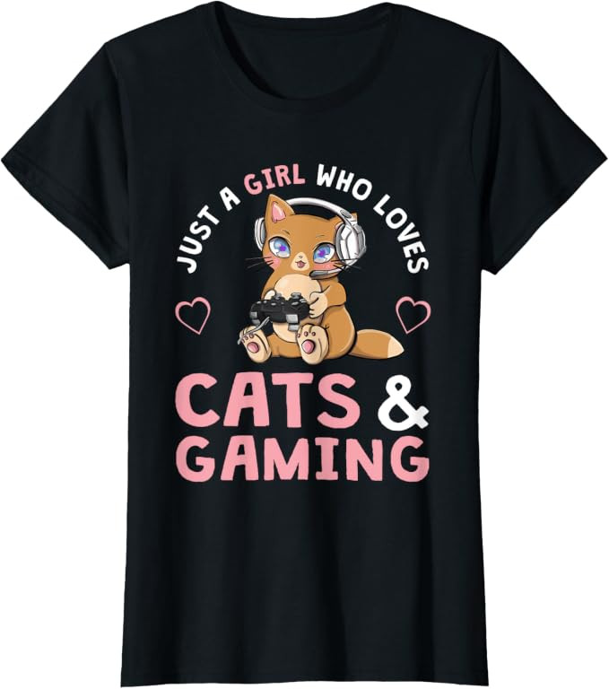 Just A Girl Who Loves Cats and Gaming Cute Gamer Cat T-Shirt Small | Amazon (US)