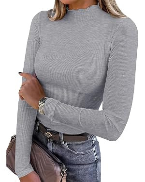 ANRABESS Women's Lettuce Trim Mock Neck Long Sleeve Tops 2025 Casual Dressy Ribbed Knit Slim Fit ... | Amazon (US)