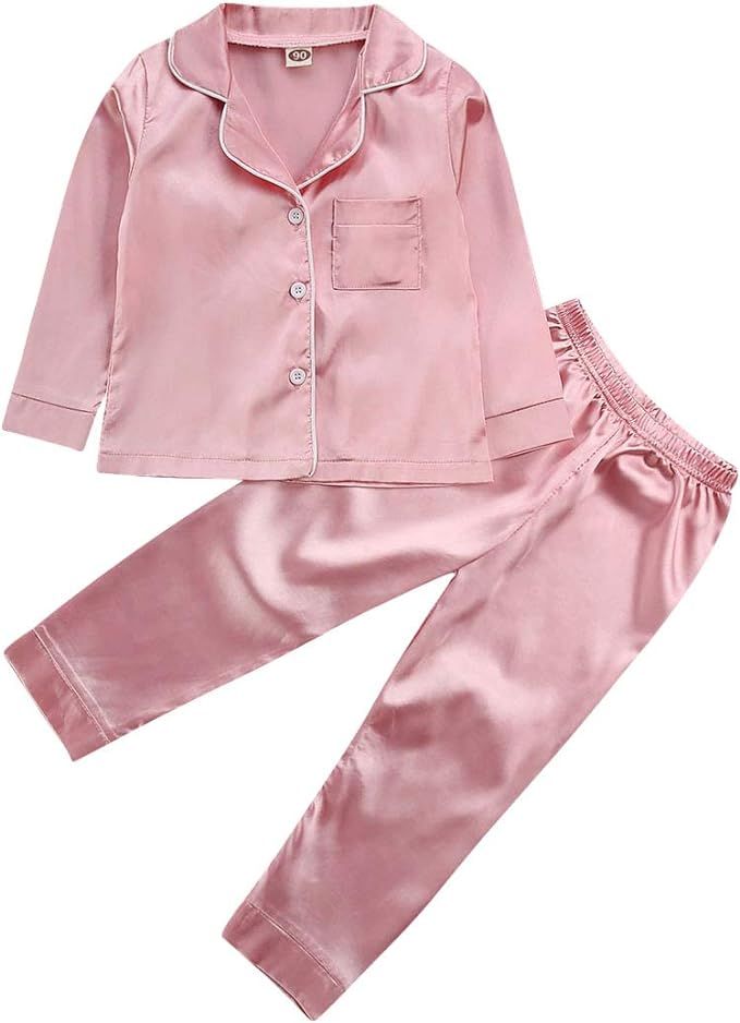 Toddler Baby Girl Satin Silk Pajamas Long-Sleeve Pjs Sleepwear Loungewear Pants TopsClothes Sets | Amazon (US)