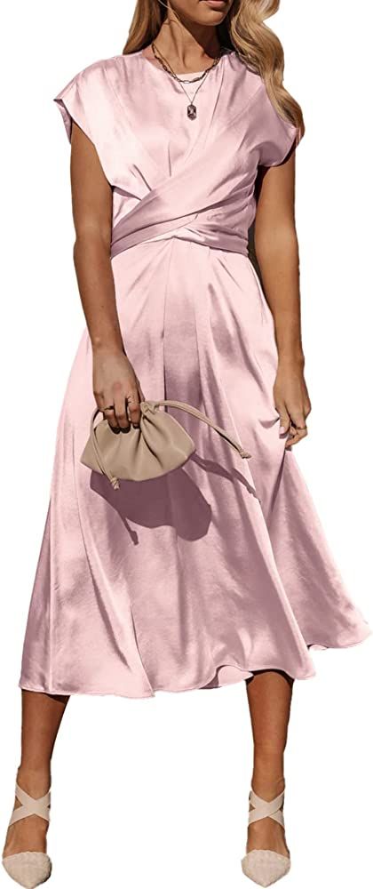 PRETTYGARDEN Women's 2024 Summer Satin Midi Dress Cap Sleeve Tie Waist Elegant A-Line Flowy Dress... | Amazon (US)