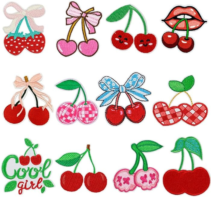 12PCS Cherry Iron On Patches Red Aesthetic Girly Style Embroidered Applique Cute Fruit Cherry Bow... | Amazon (US)