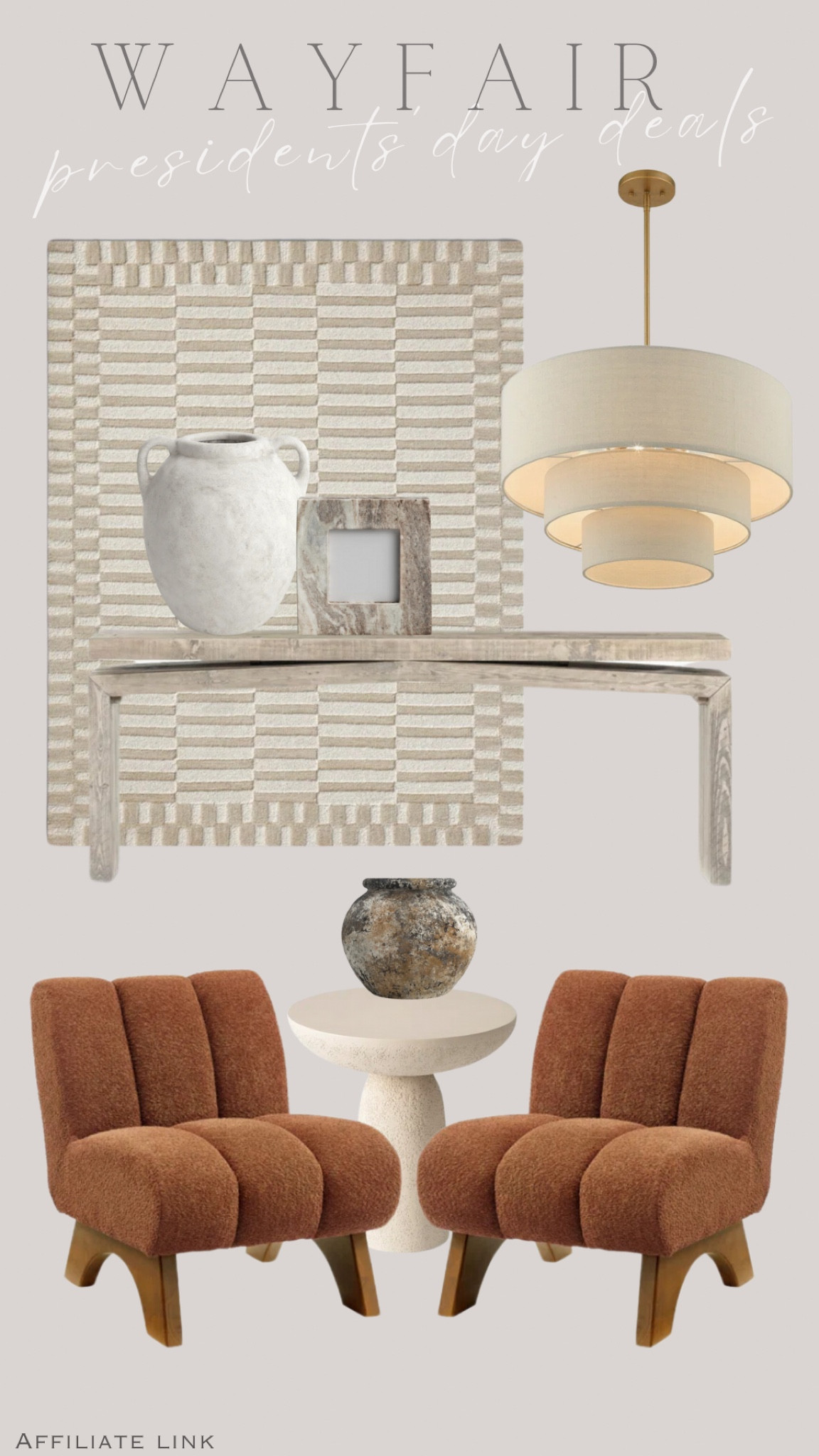 Presidents’ Day Deals! 🤎


Console table, marble picture frame, vase, chandelier, accent chairs, accent table, stone table, area rug, beige rug, neutral home decor, organic modern


#wayfair 

#LTKHome #LTKSaleAlert